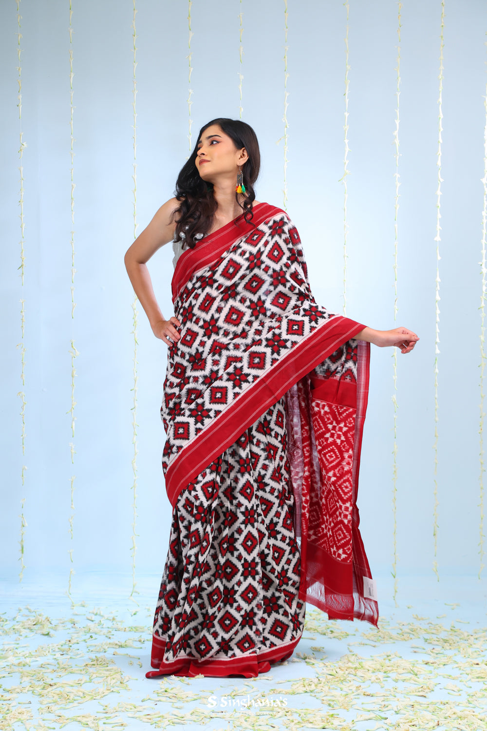 Maroon White Ikkat Cotton Saree With Contrast Border