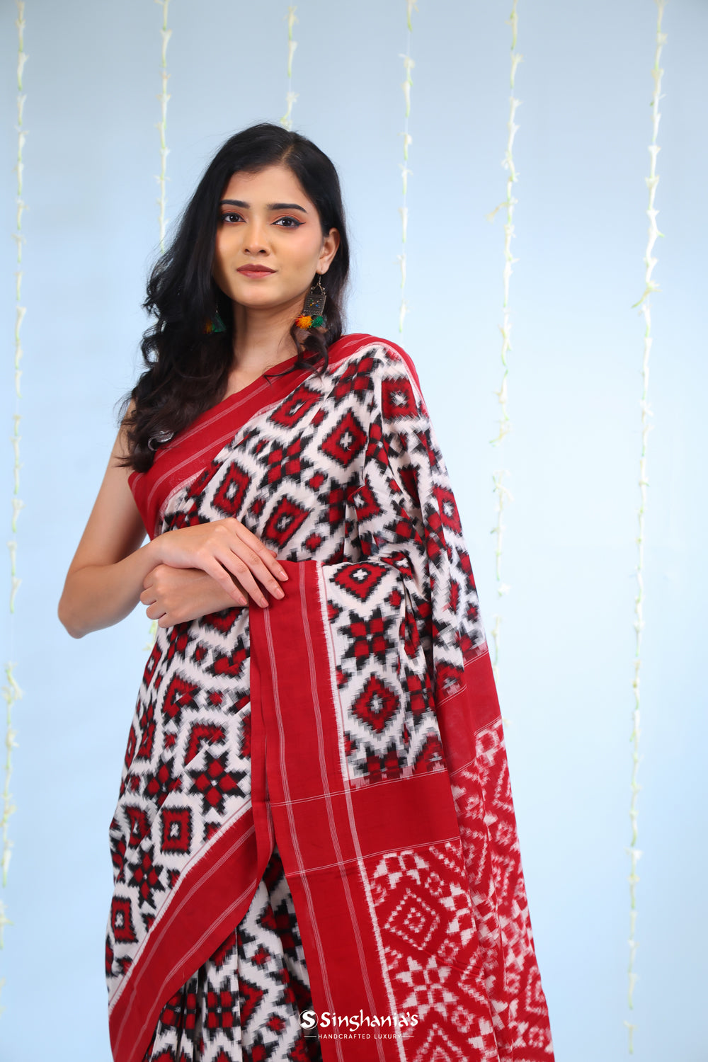 Maroon White Ikkat Cotton Saree With Contrast Border