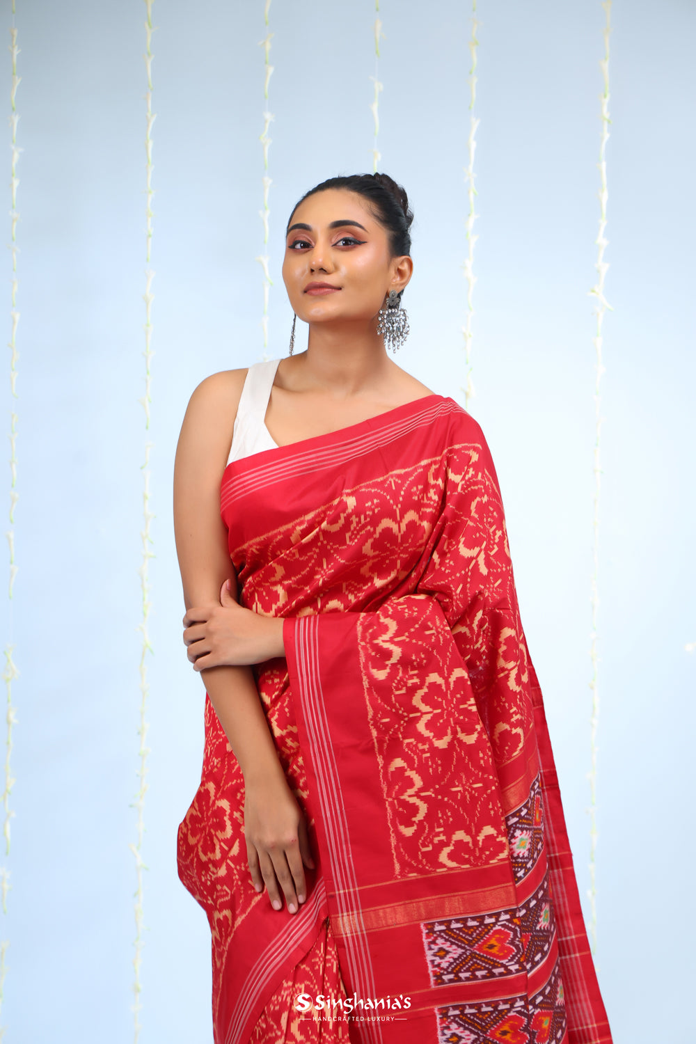 Cardinals Red Ikkat Patola Silk Saree With Jaal Design