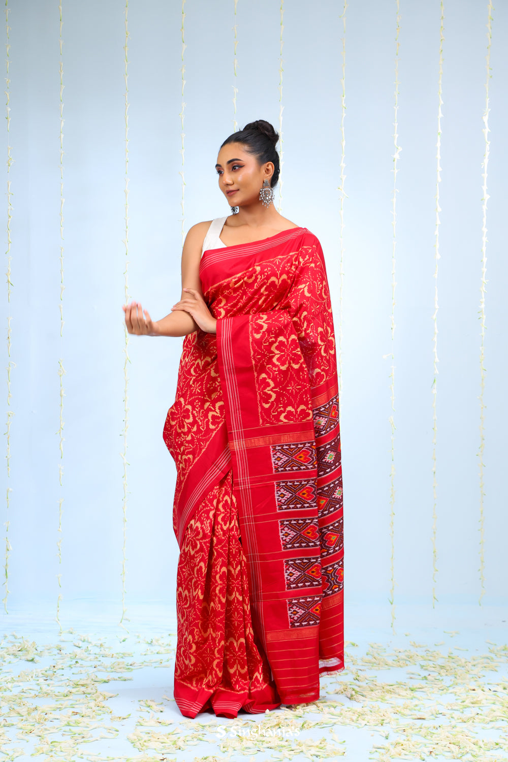 Cardinals Red Ikkat Patola Silk Saree With Jaal Design