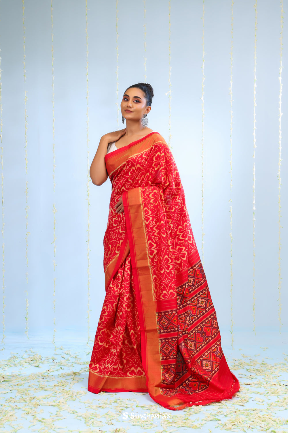 Raspberry Red Ikkat Patola Silk Saree With Jaal Design