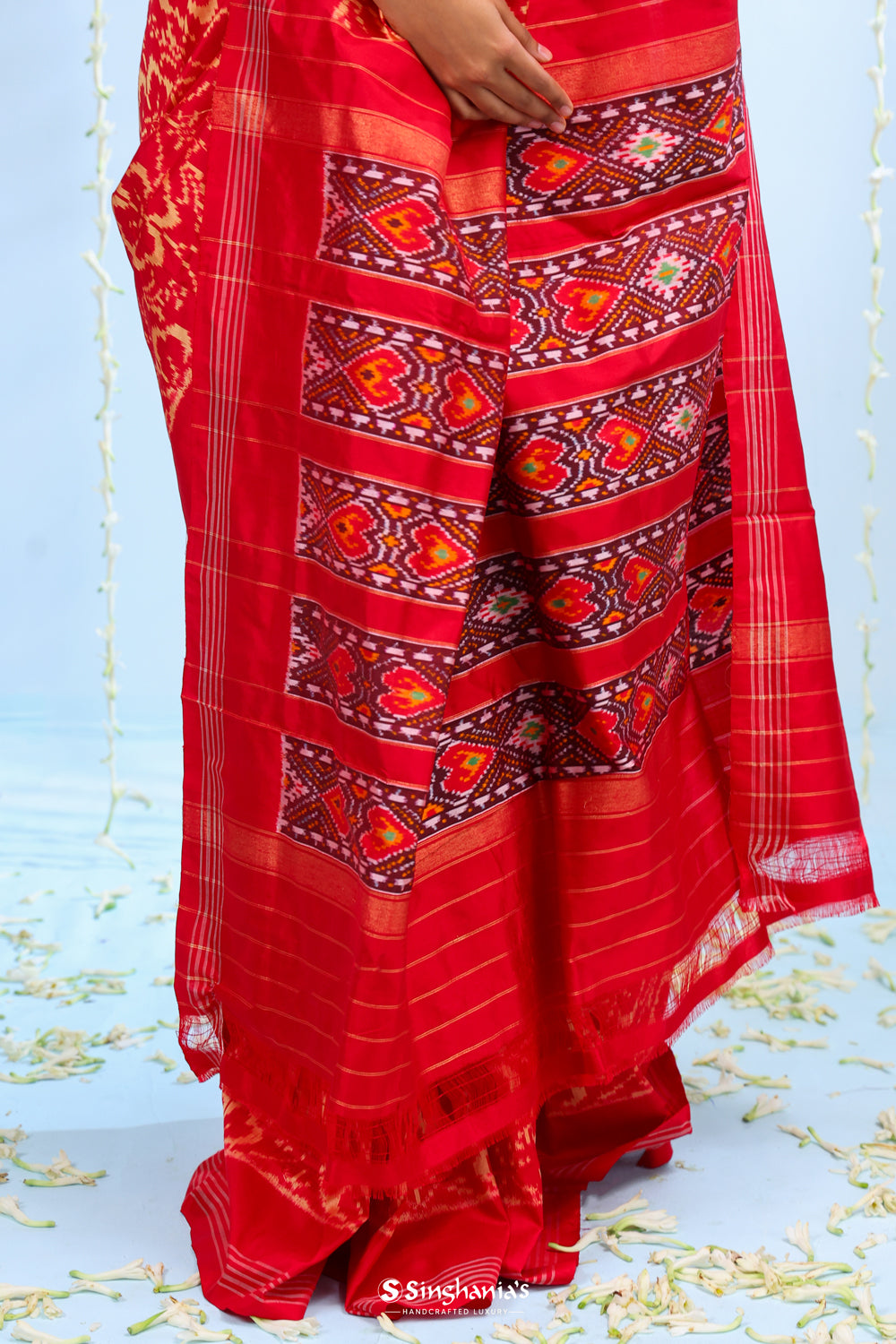 Deep Red Ikkat Patola Silk Saree With Jaal Design