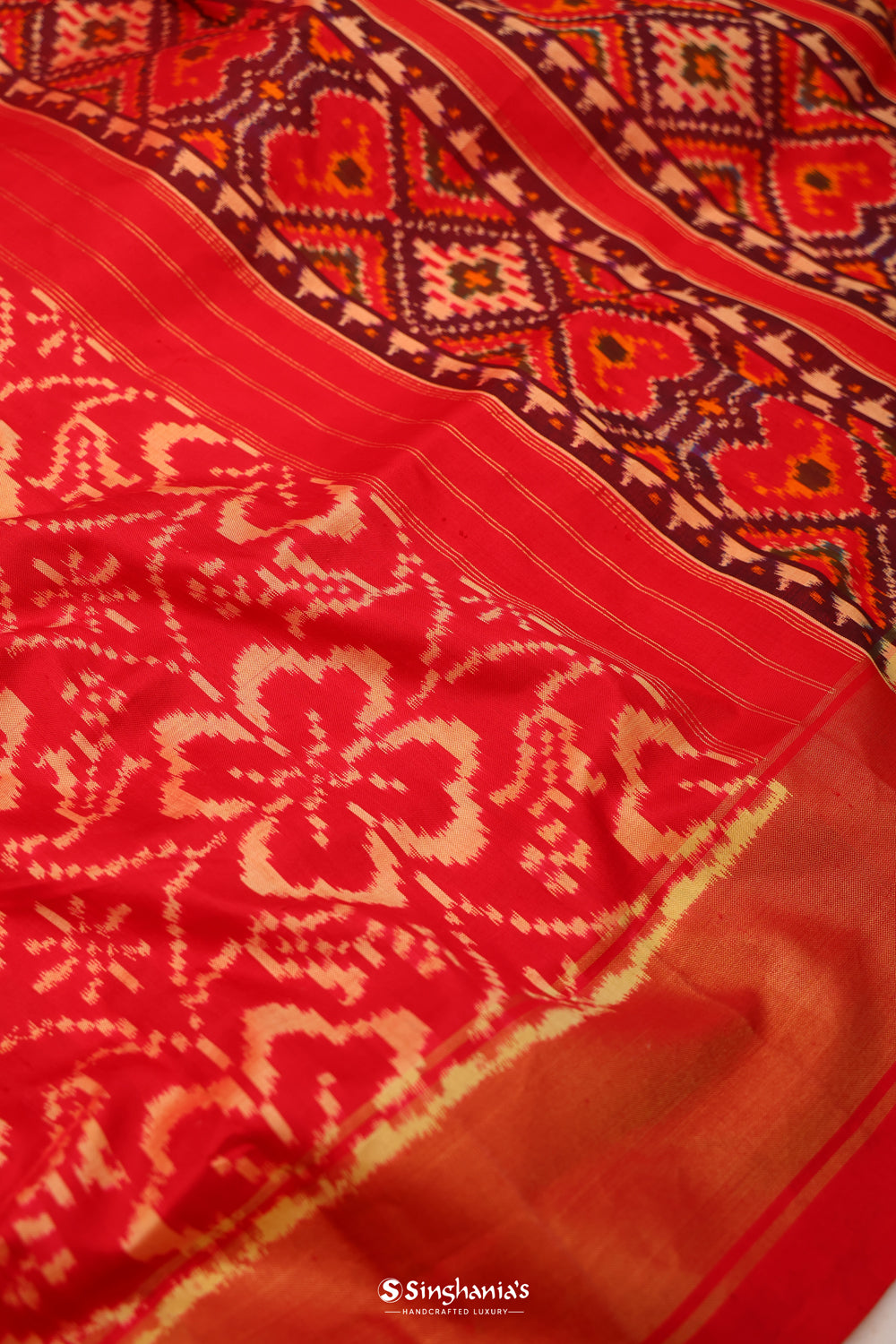 Deep Red Ikkat Patola Silk Saree With Jaal Design