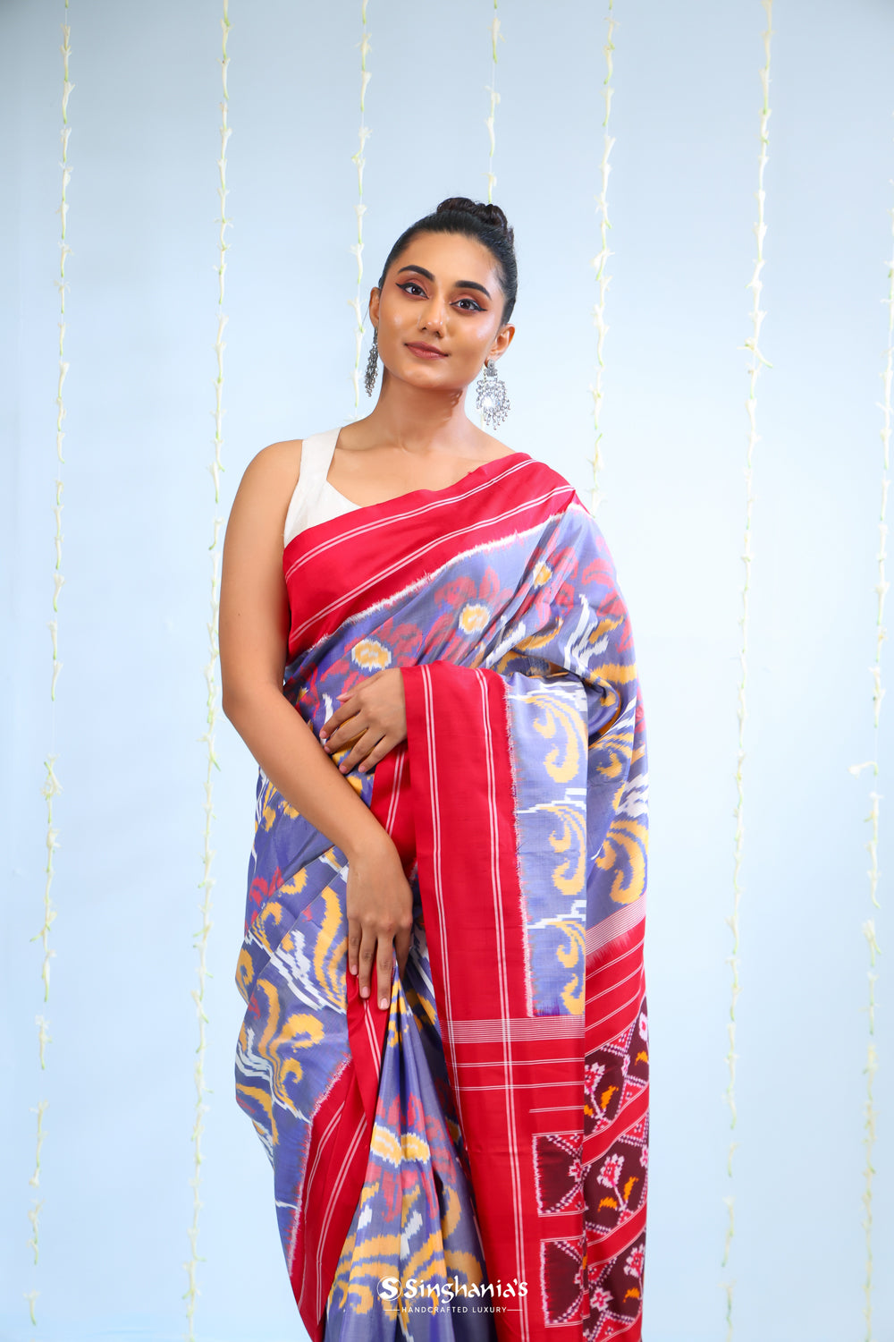 Blue Purple Ikkat Patola Silk Saree With Contrast Border