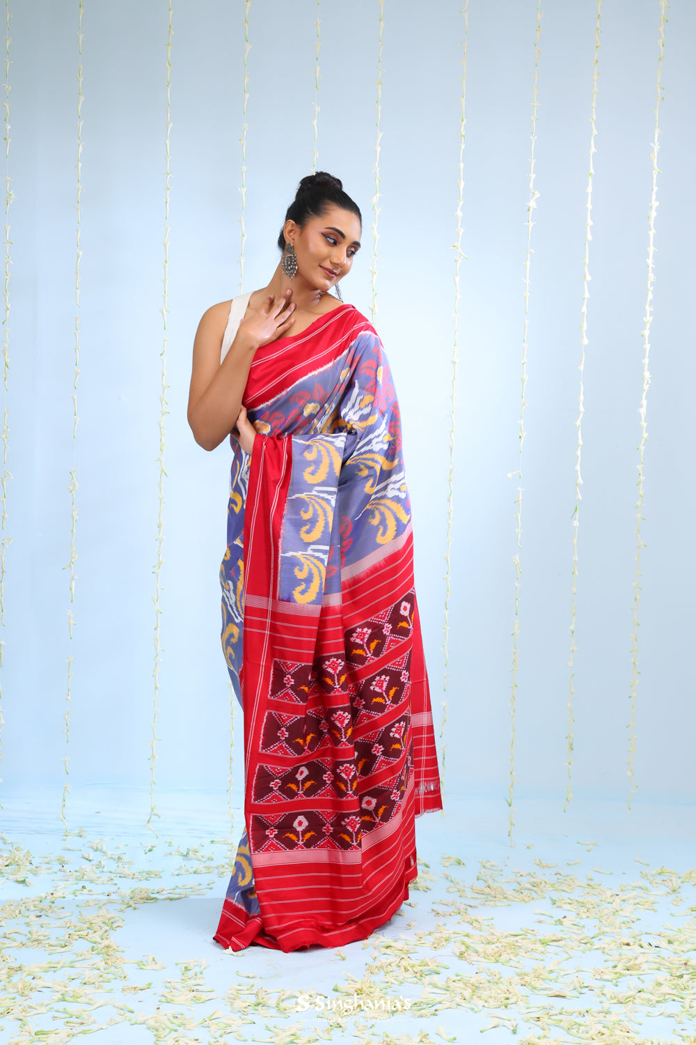 Blue Purple Ikkat Patola Silk Saree With Contrast Border