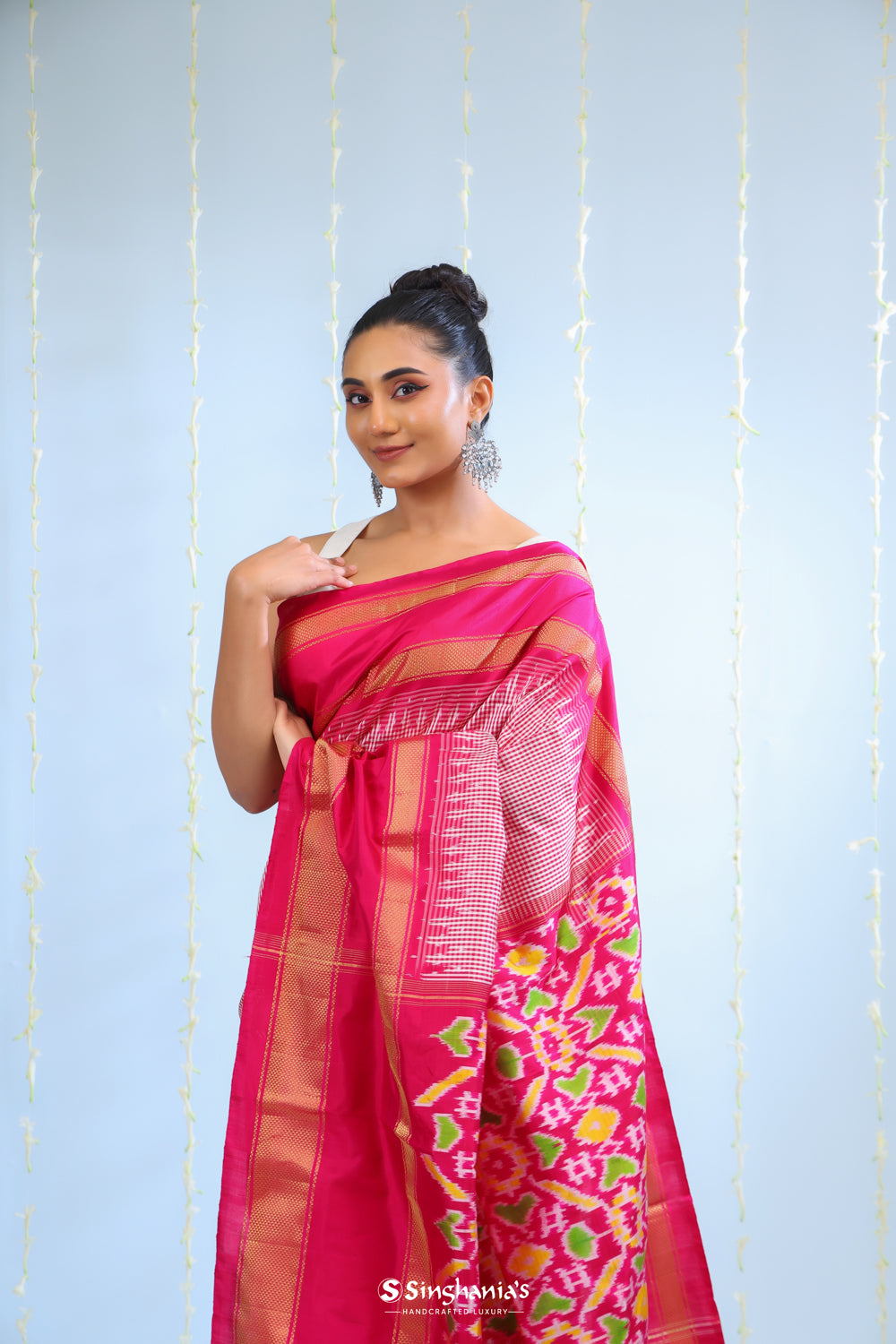 Deep Pink Ikkat Patola Silk Saree With Checks Design