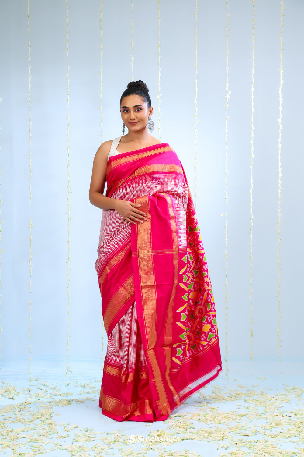 Deep Pink Ikkat Patola Silk Saree With Checks Design