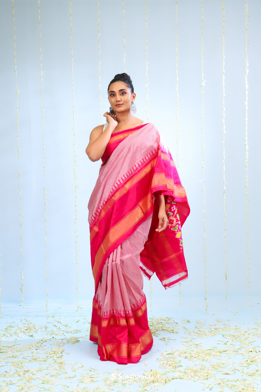 Deep Pink Ikkat Patola Silk Saree With Checks Design