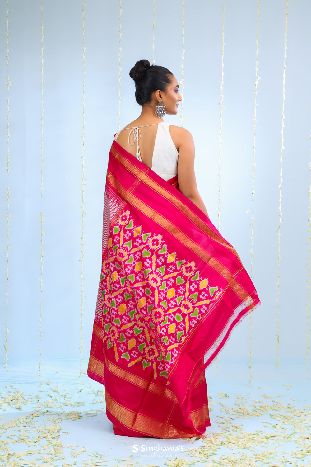 Deep Pink Ikkat Patola Silk Saree With Checks Design