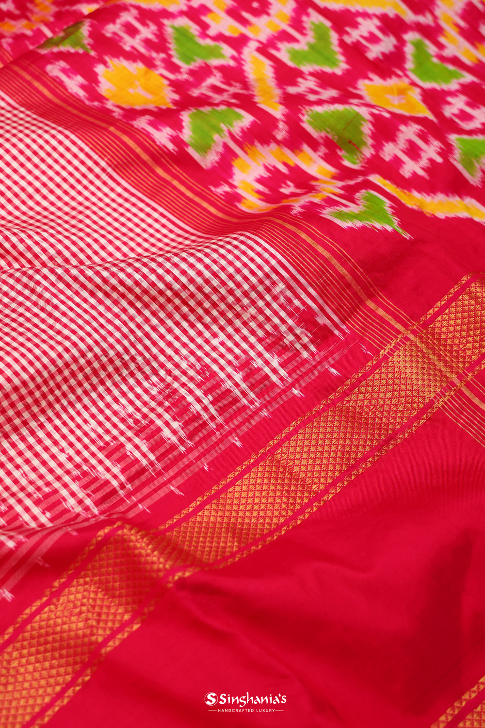 Deep Pink Ikkat Patola Silk Saree With Checks Design