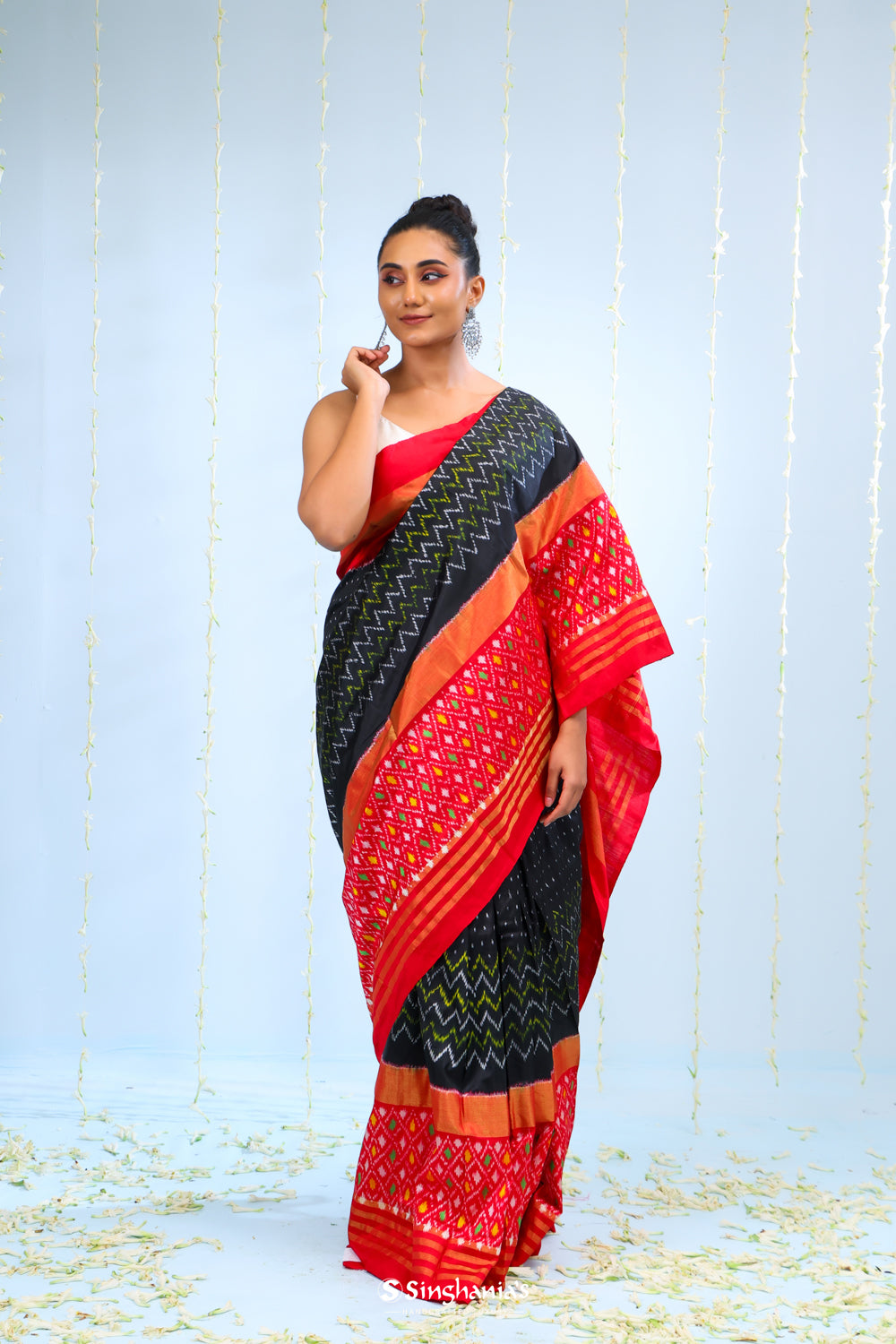 Smokey Black Ikkat Silk Saree With Butti Design