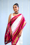 Ivory White Ikkat Silk Saree With Contrast Border