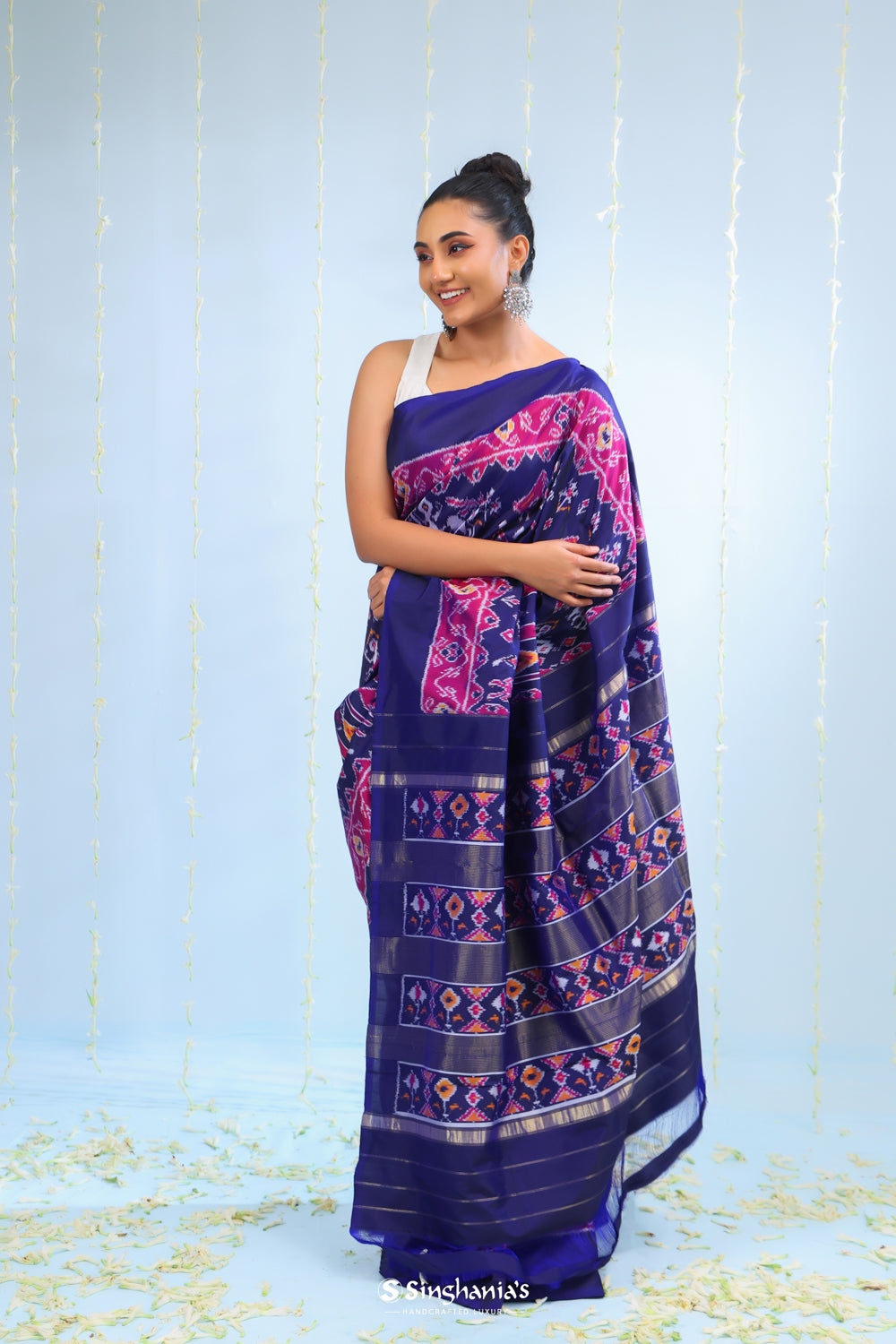 Indigo Purple Ikkat Silk Saree With Elephant Motif