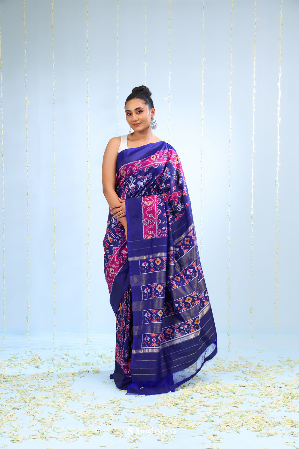 Indigo Purple Ikkat Silk Saree With Elephant Motif