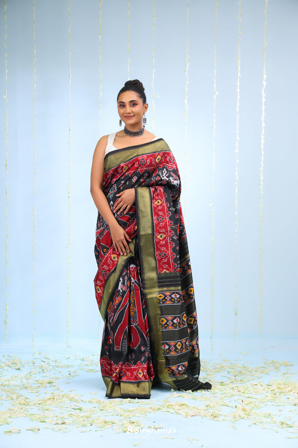 Night Black Ikkat Silk Saree With Elephant Motif