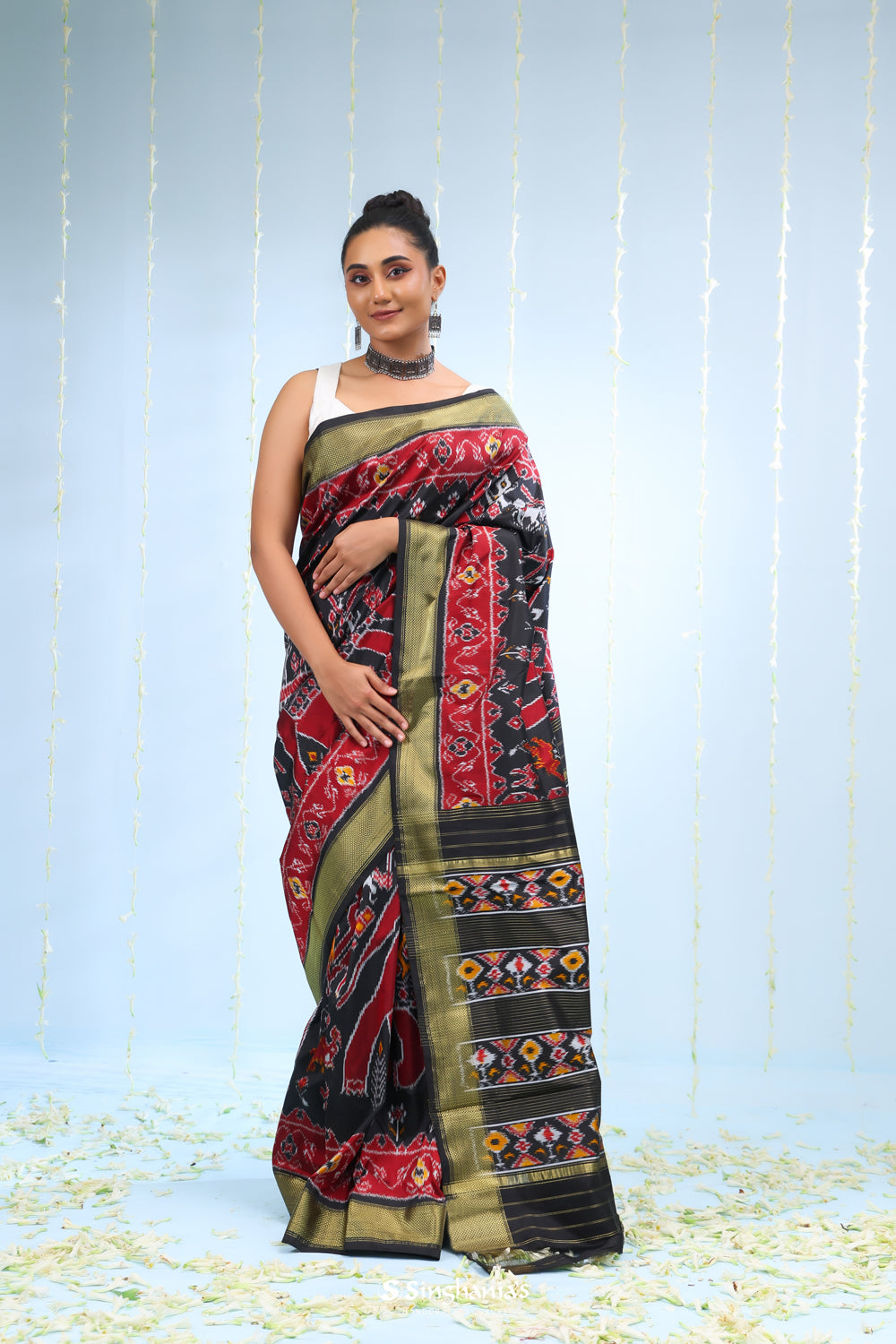 Night Black Ikkat Silk Saree With Elephant Motif