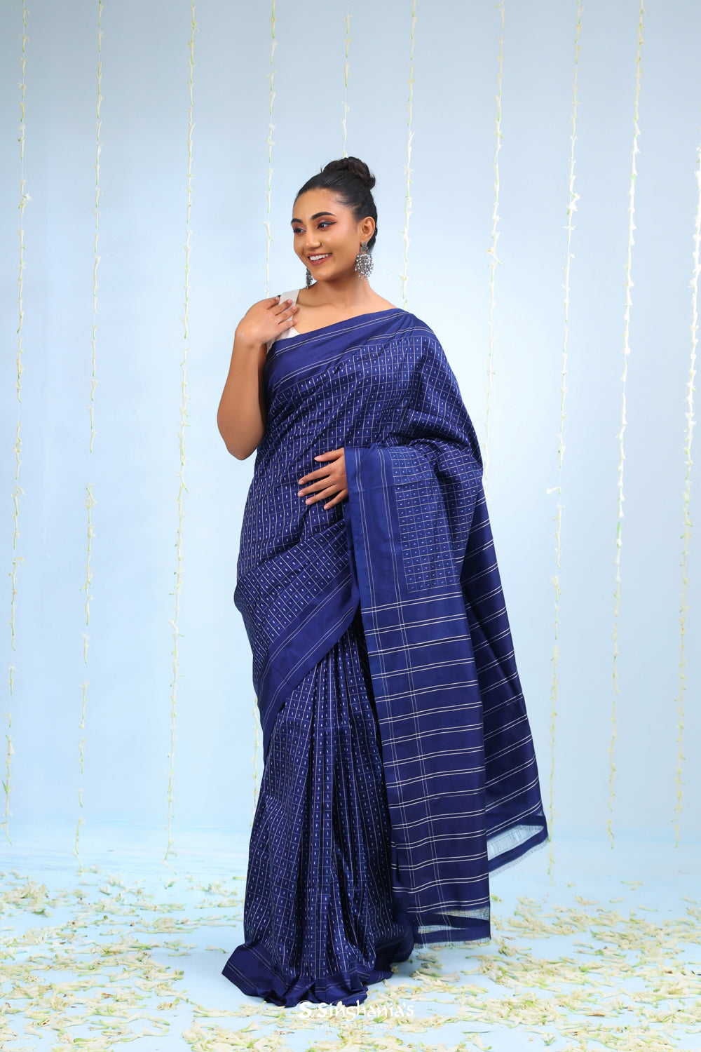 Dark Blue Ikkat Silk Saree With Butti-Checks Design