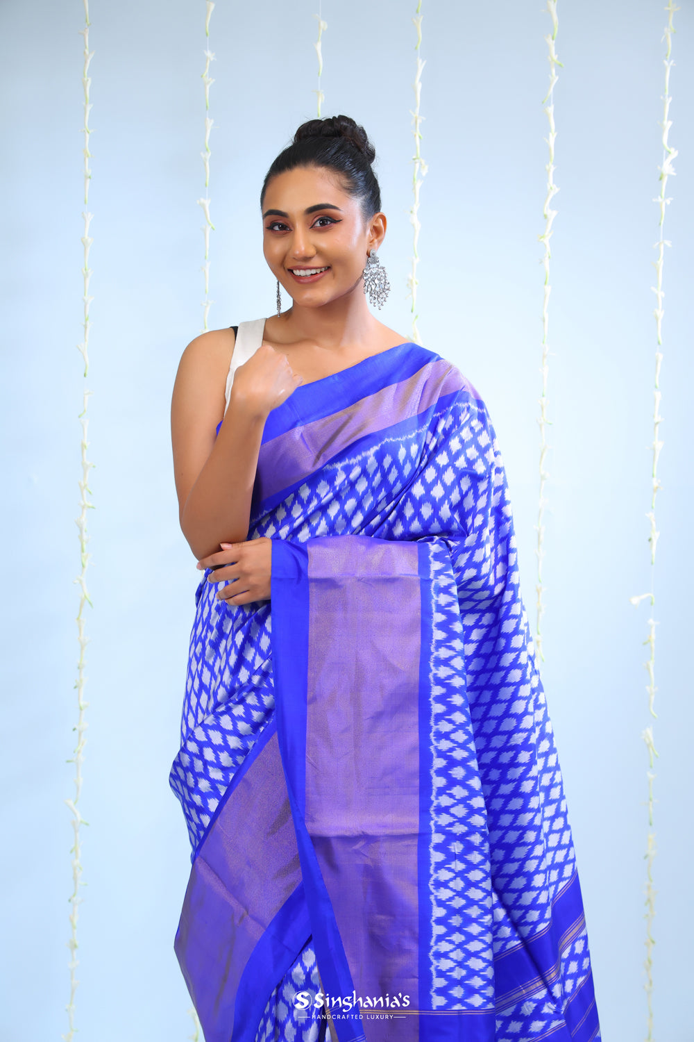 Indigo Blue Ikkat Patola Silk Saree With Butti Design