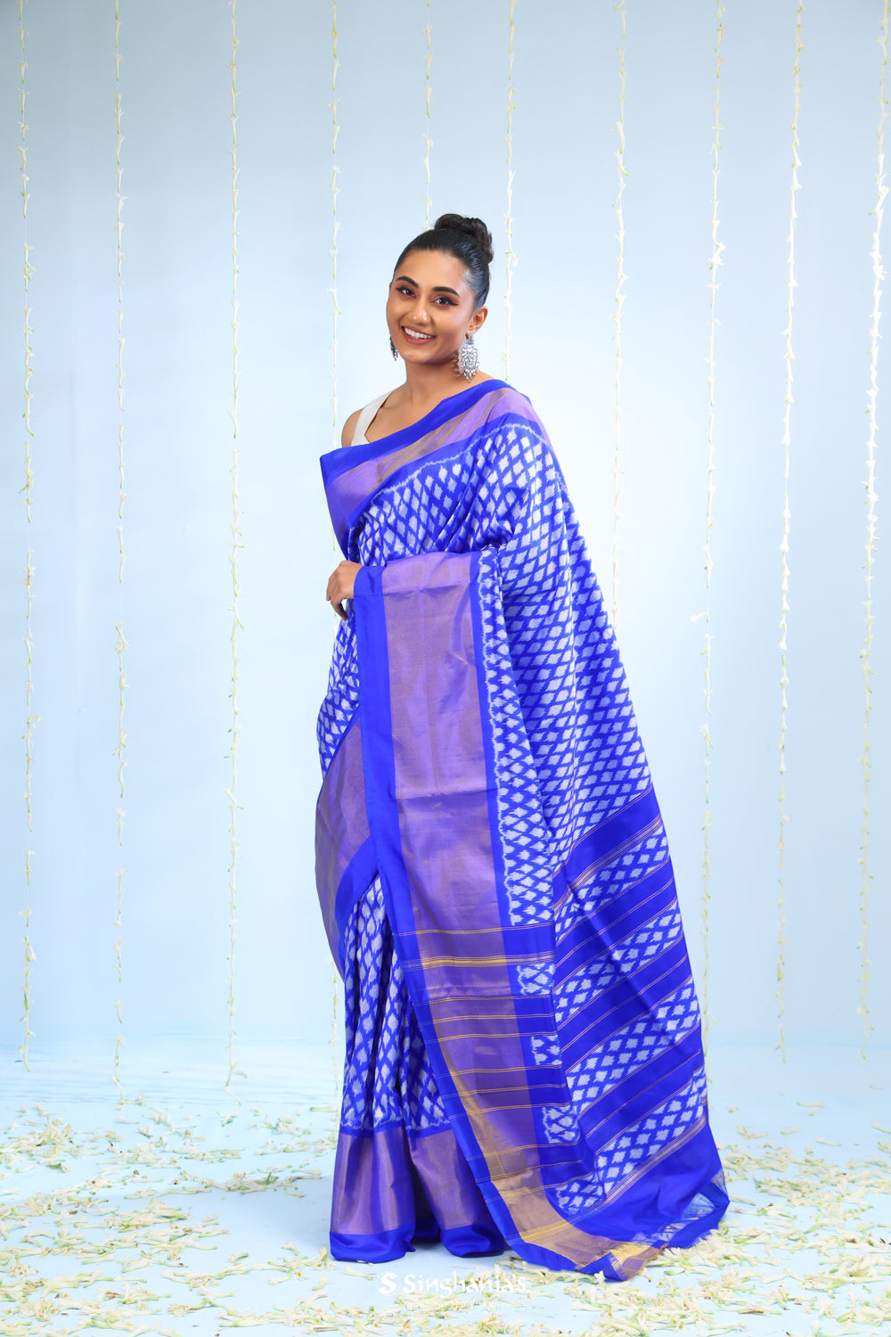 Indigo Blue Ikkat Patola Silk Saree With Butti Design