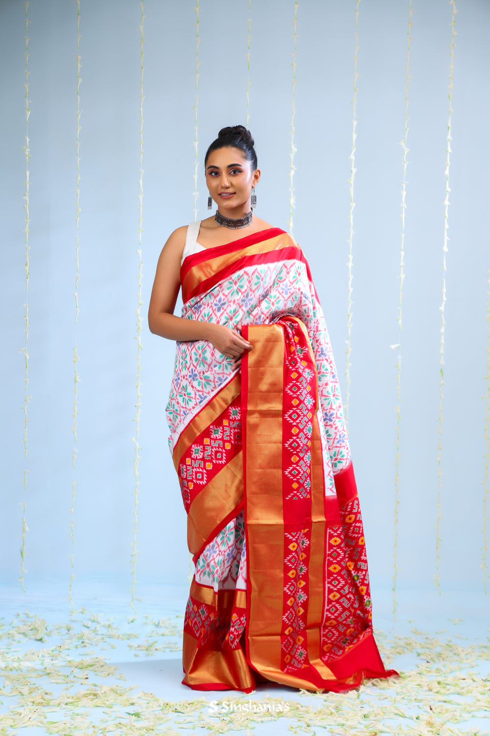 Bright White Ikkat Silk Saree With Contrast Border