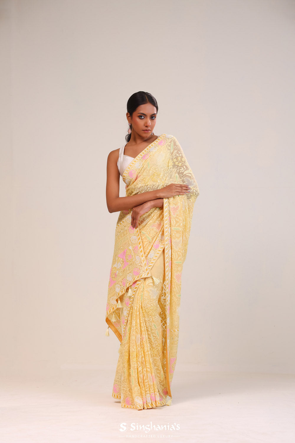 Mocassin Yellow Georgette Lucknowi Saree