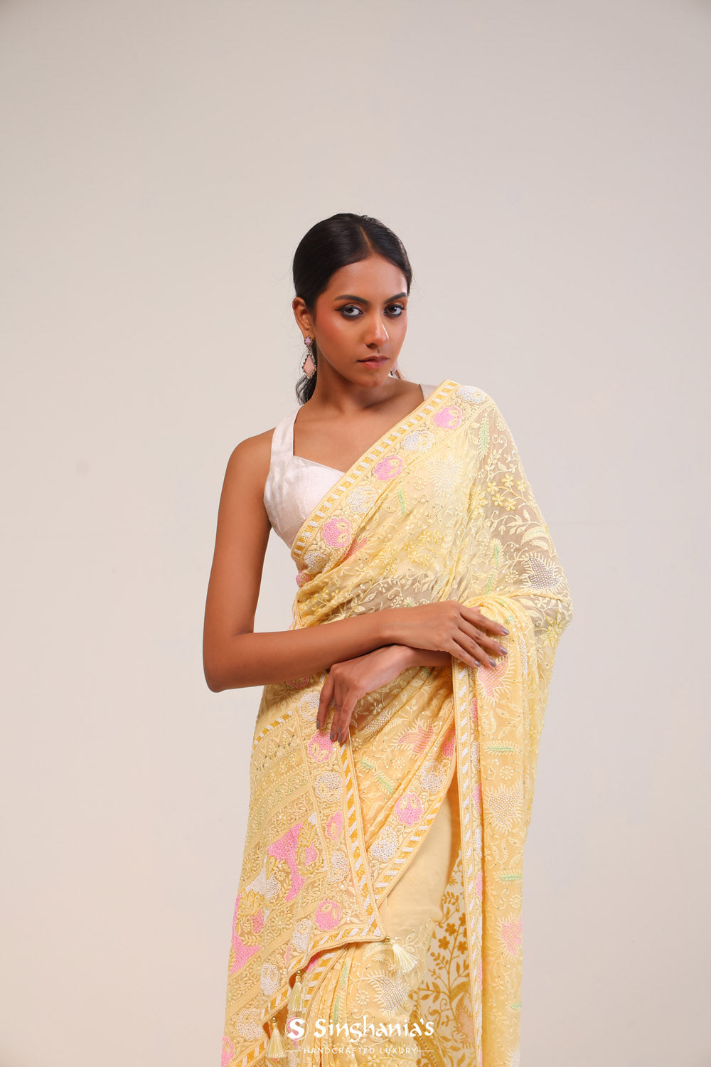 Mocassin Yellow Georgette Lucknowi Saree