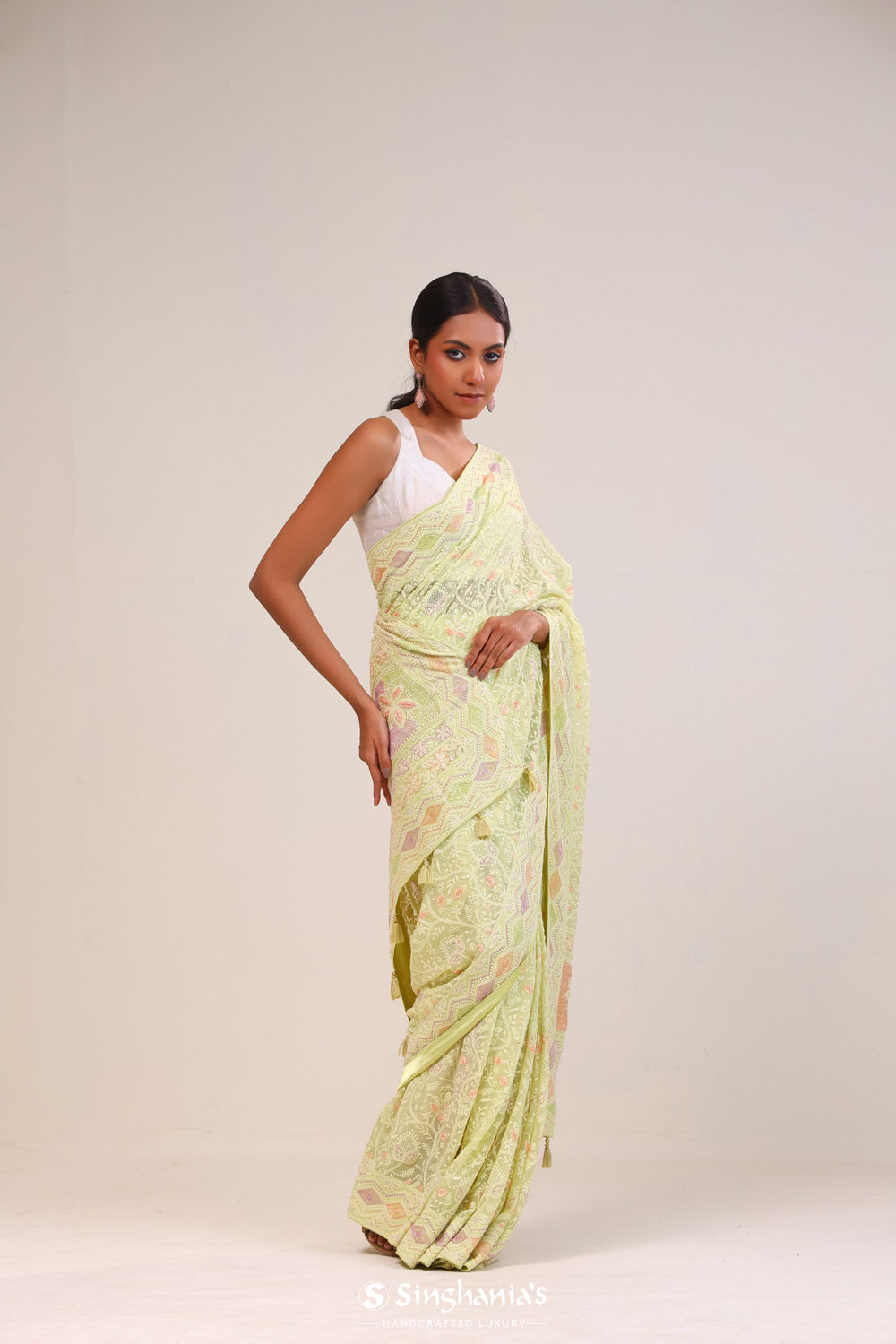 Gin Green Georgette Lucknowi Saree