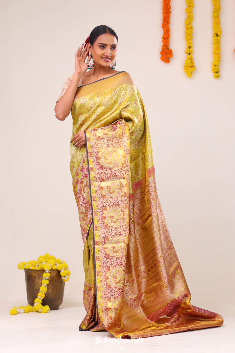 Lime Green Chakra Kanjivaram Silk Saree