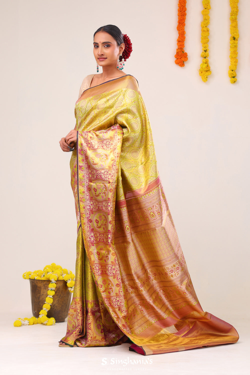 Lime Green Chakra Kanjivaram Silk Saree