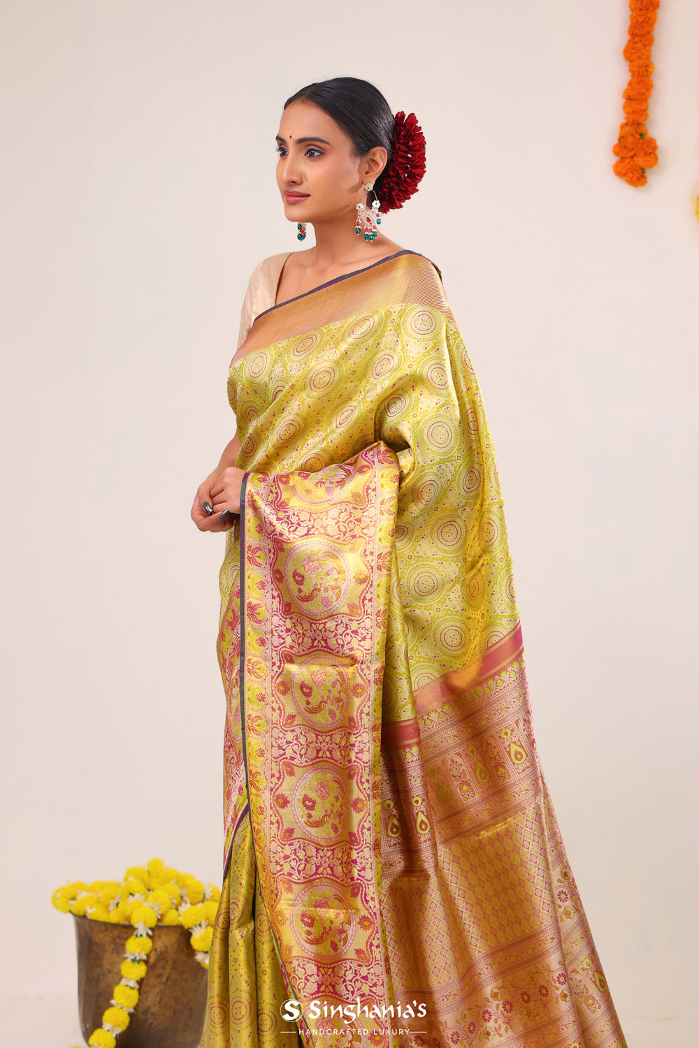 Lime Green Chakra Kanjivaram Silk Saree