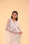 Champagne White Net Handcrafted Saree