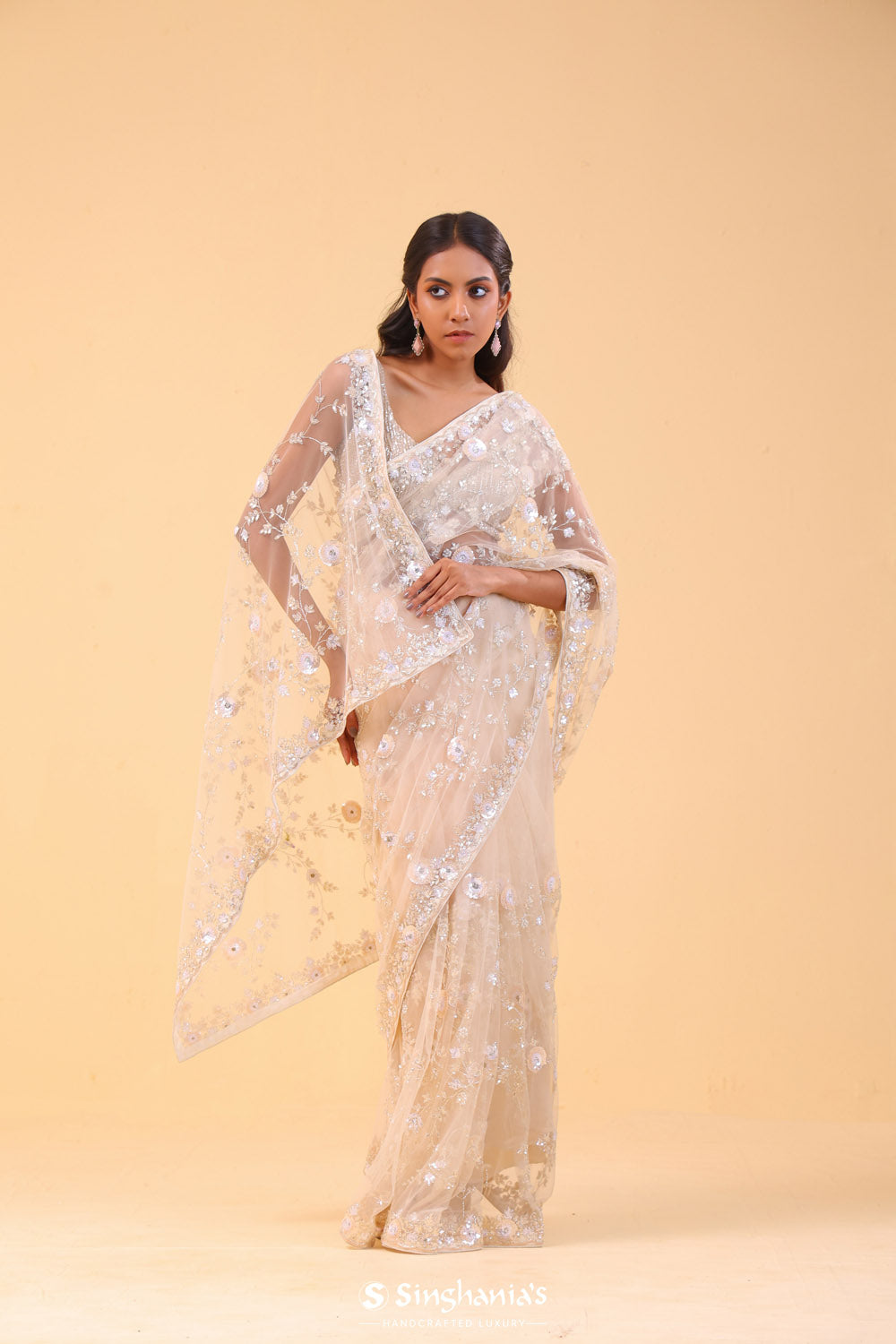 Champagne White Net Handcrafted Saree