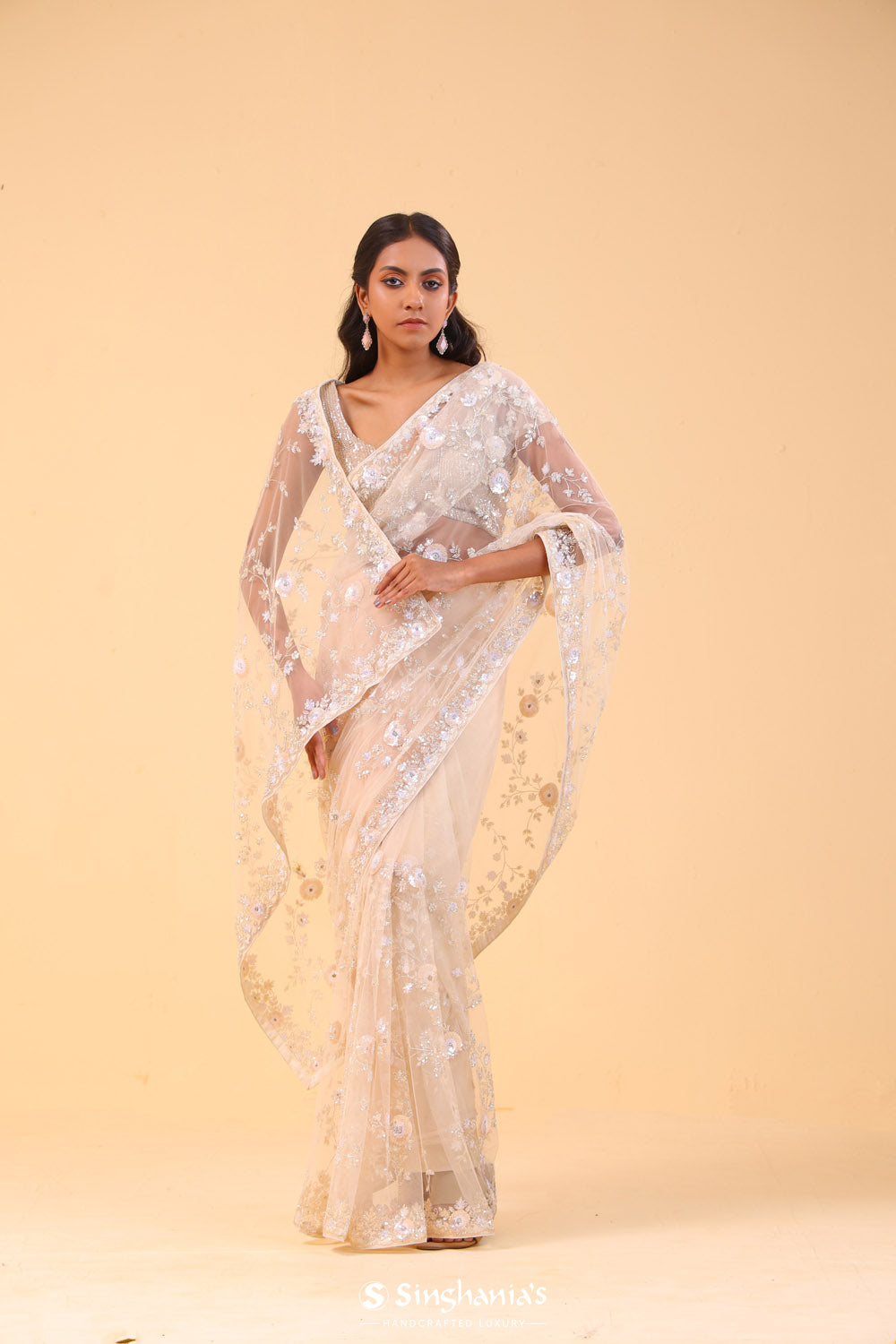 Champagne White Net Handcrafted Saree