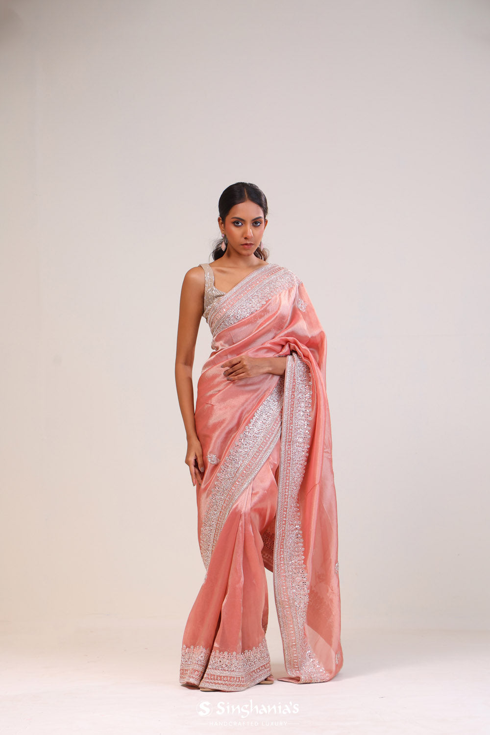 Pastel Peach Tissue Handcrafted Saree