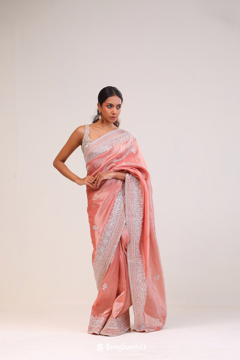 Pastel Peach Tissue Handcrafted Saree