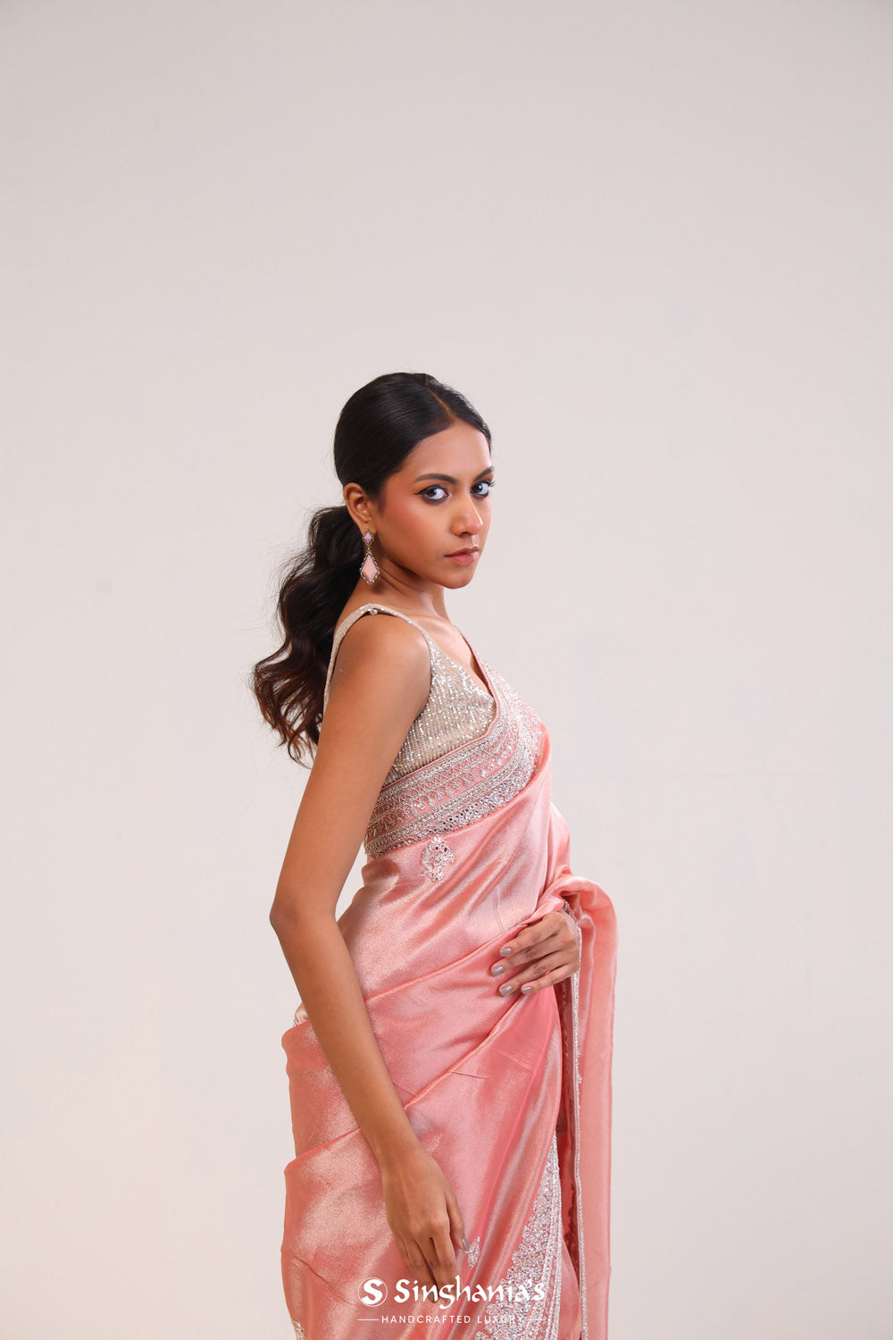 Pastel Peach Tissue Handcrafted Saree