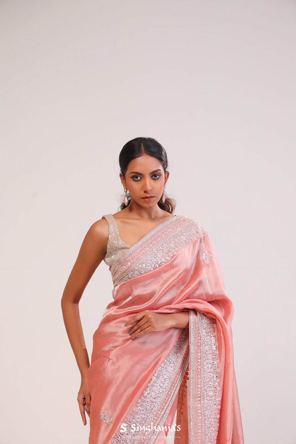 Pastel Peach Tissue Handcrafted Saree