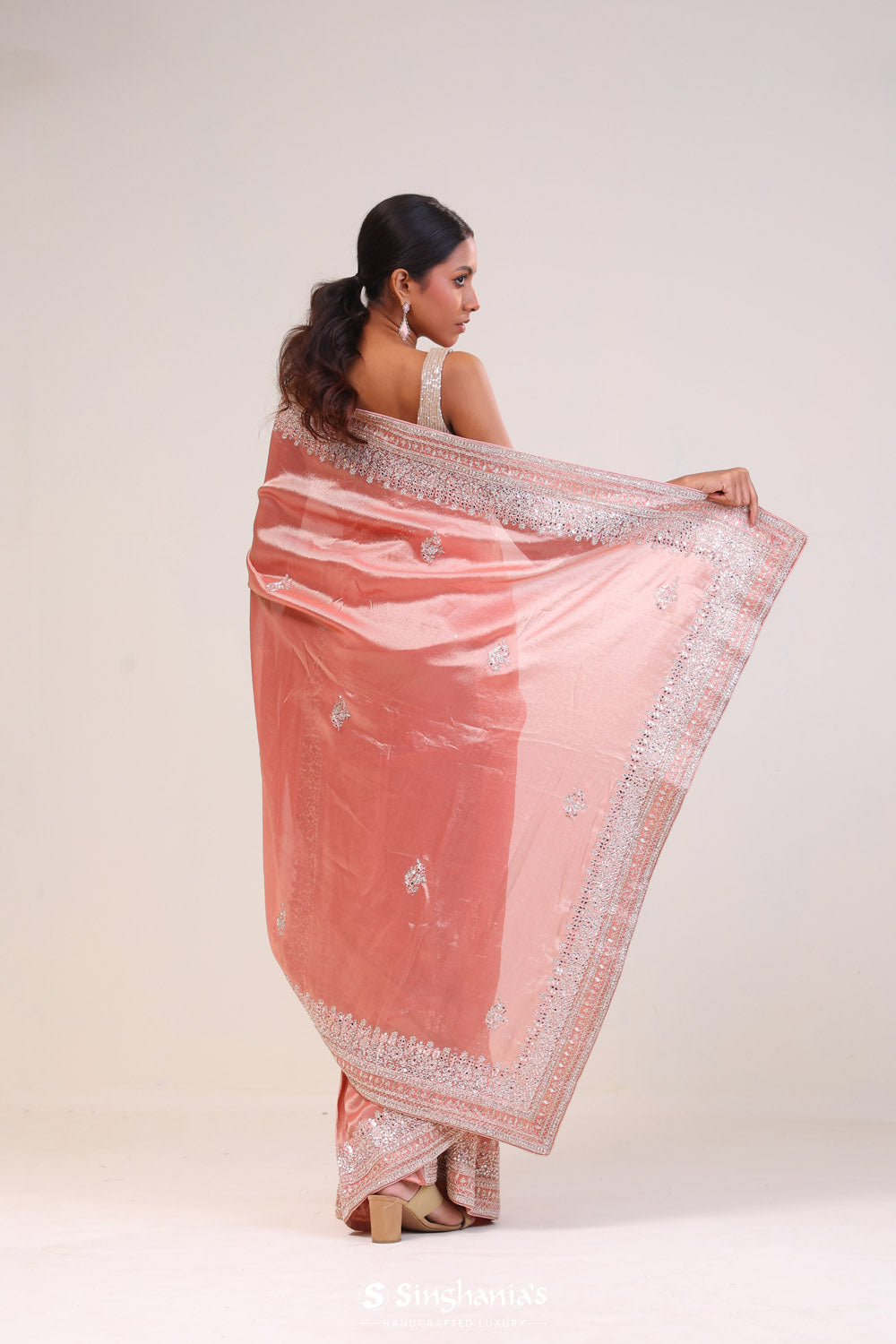 Pastel Peach Tissue Handcrafted Saree