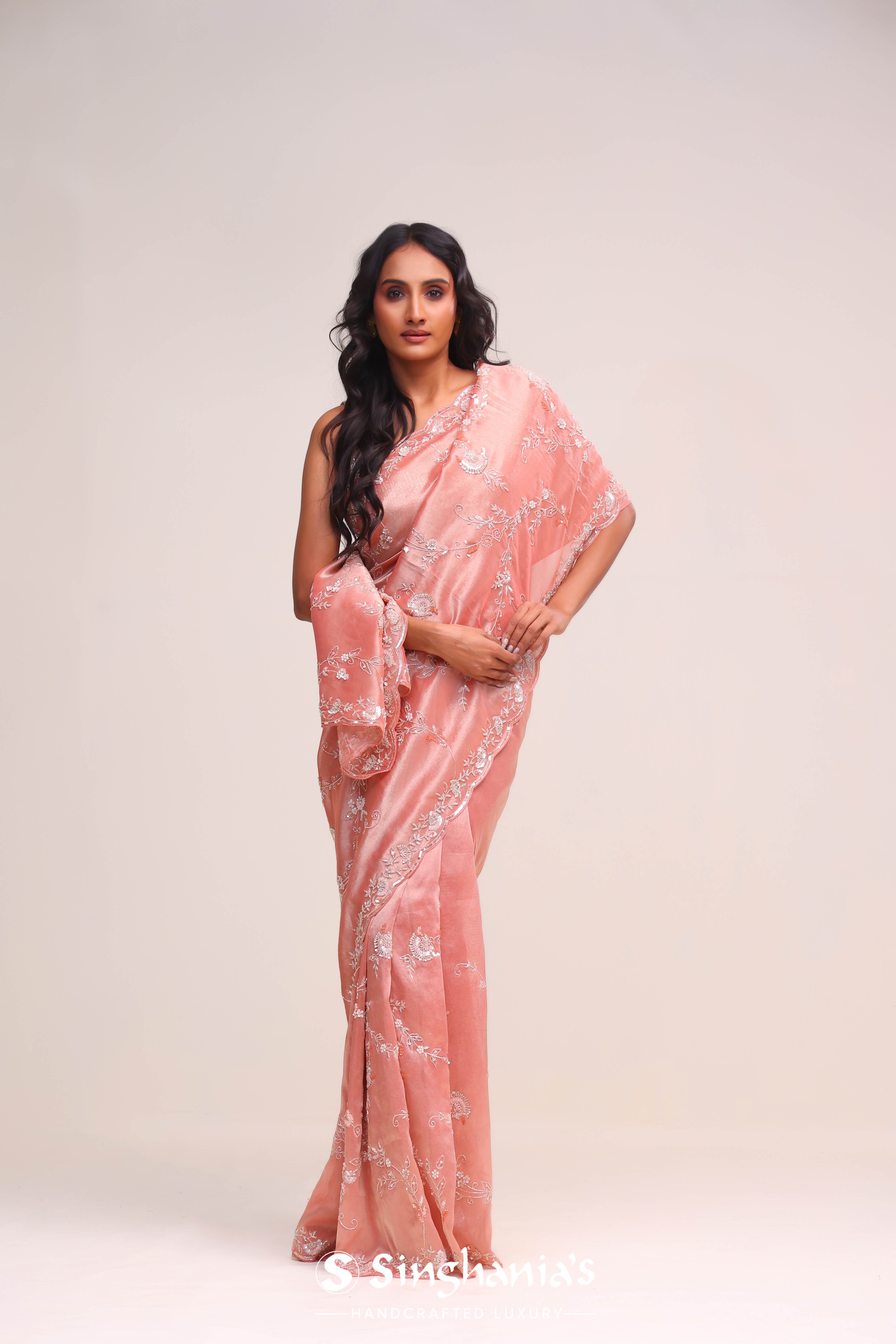 Strawberry Pink Tissue Handcrafted Saree