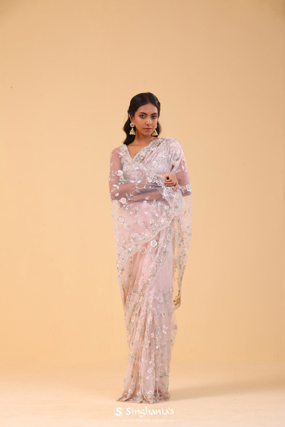 Pale Pink Net Handcrafted Saree