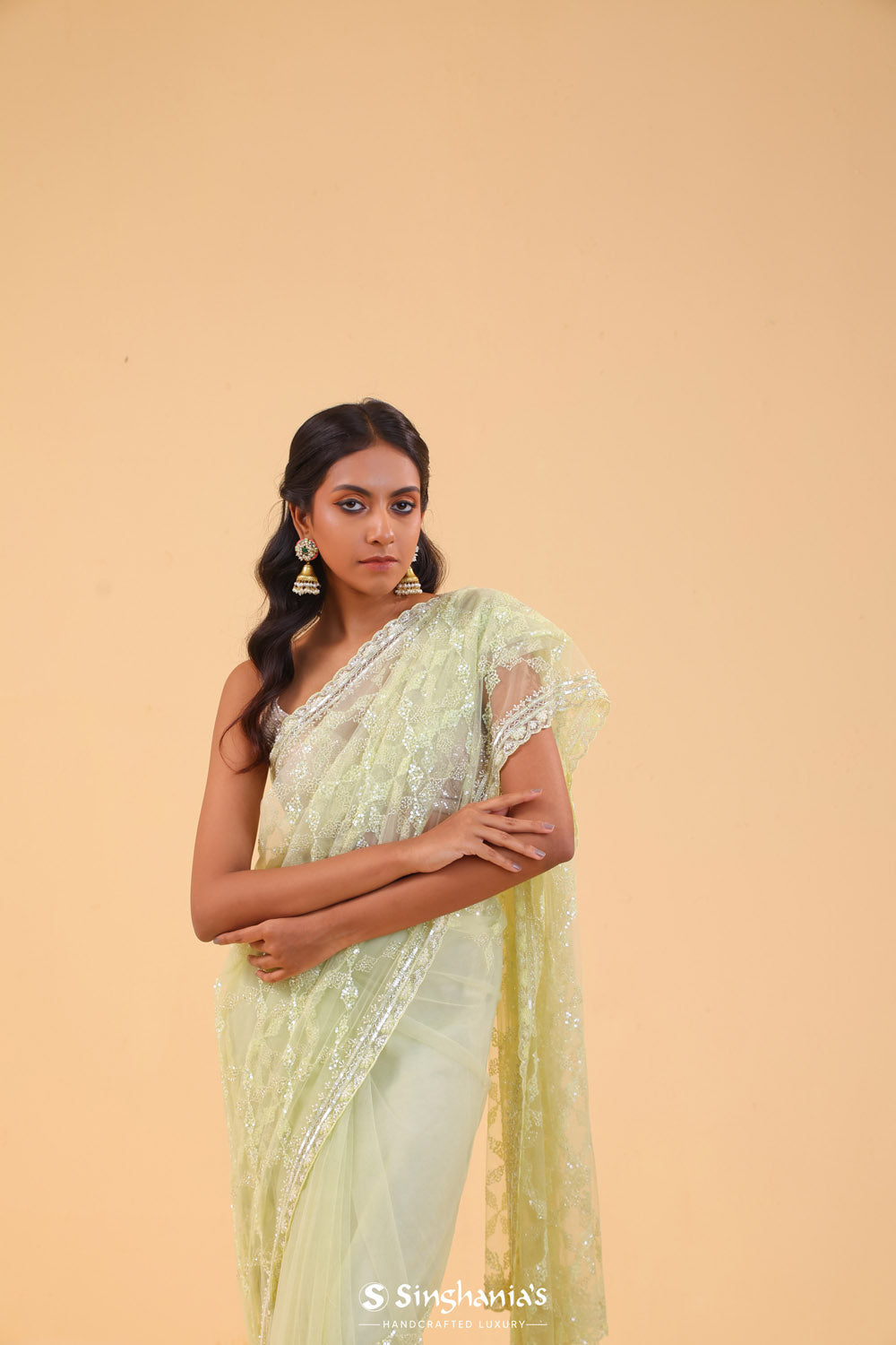 Yellow Green Net Handcrafted Saree