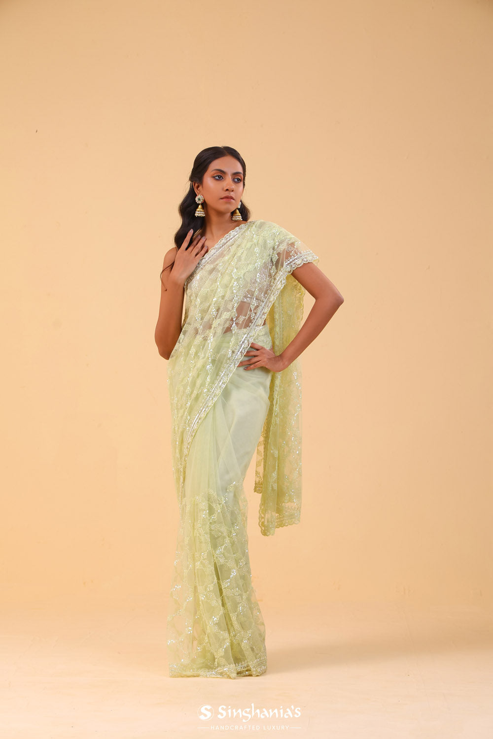 Yellow Green Net Handcrafted Saree