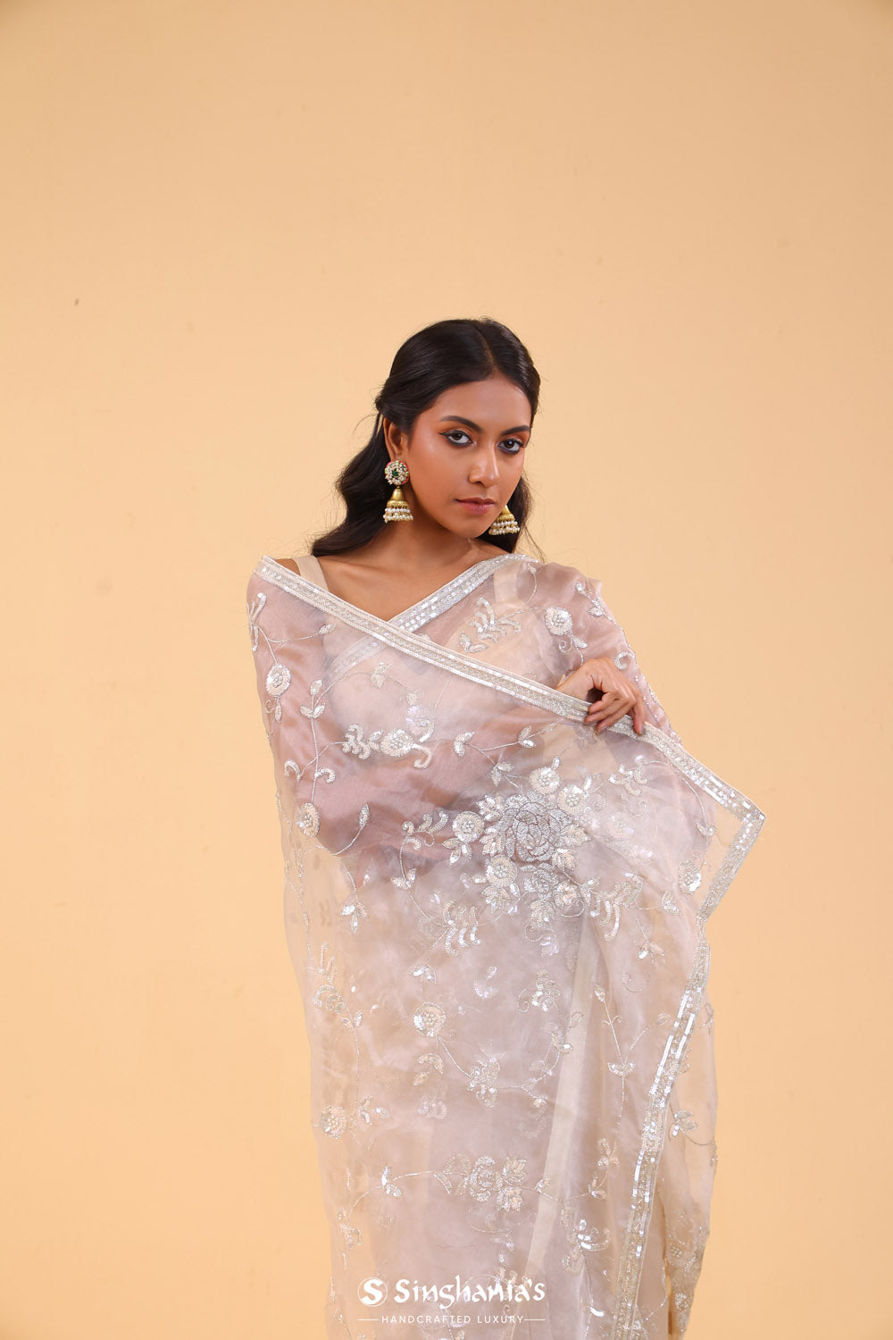 Pinkish White Tissue Handcrafted Saree