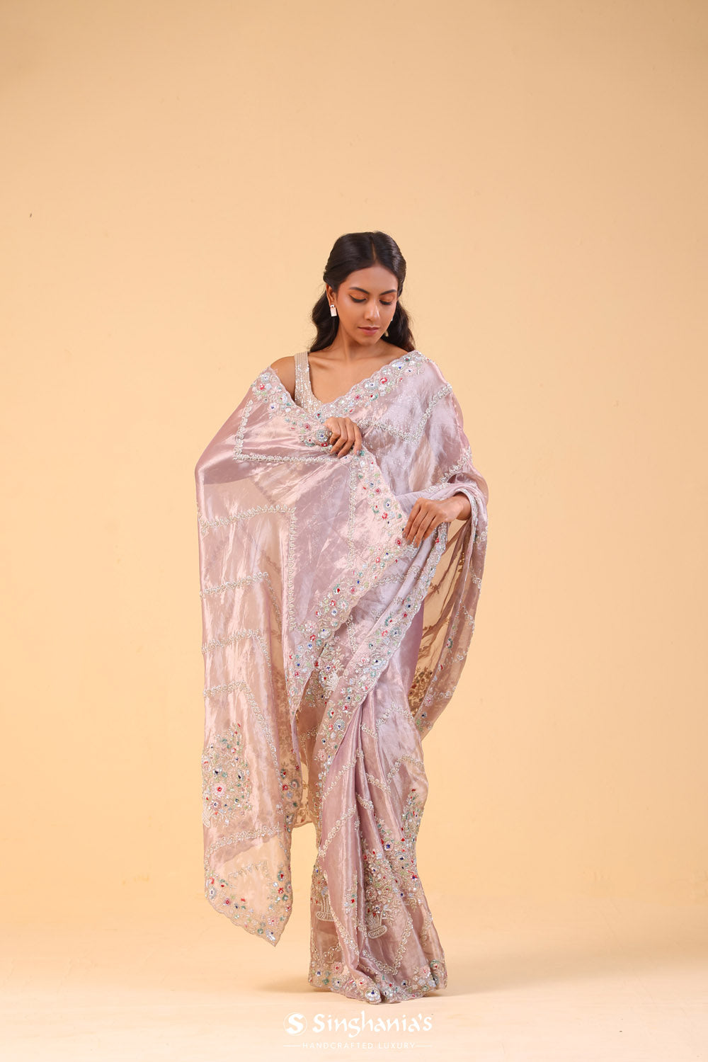 Pastel Pink Tissue Handcrafted Saree