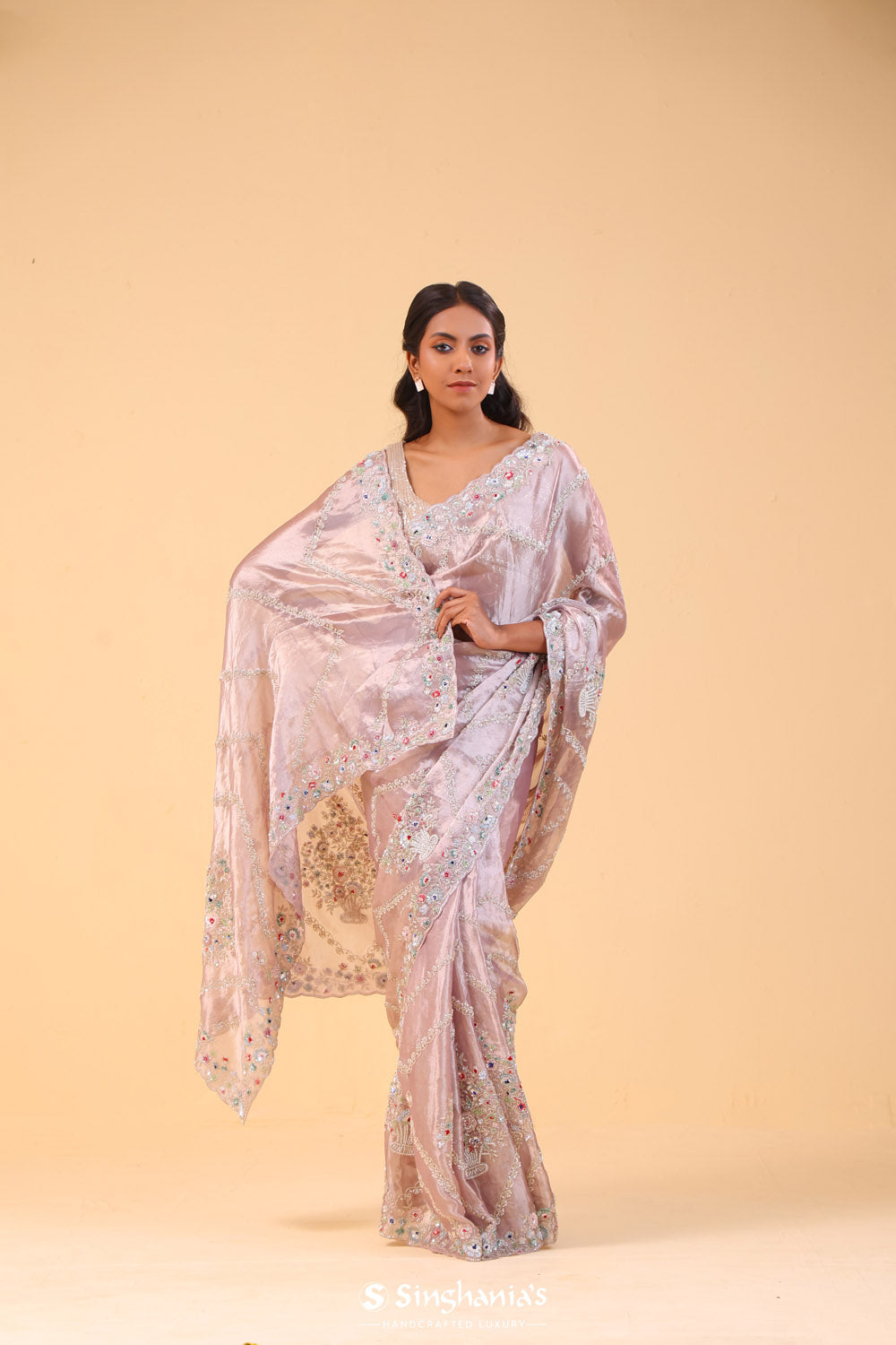 Pastel Pink Tissue Handcrafted Saree