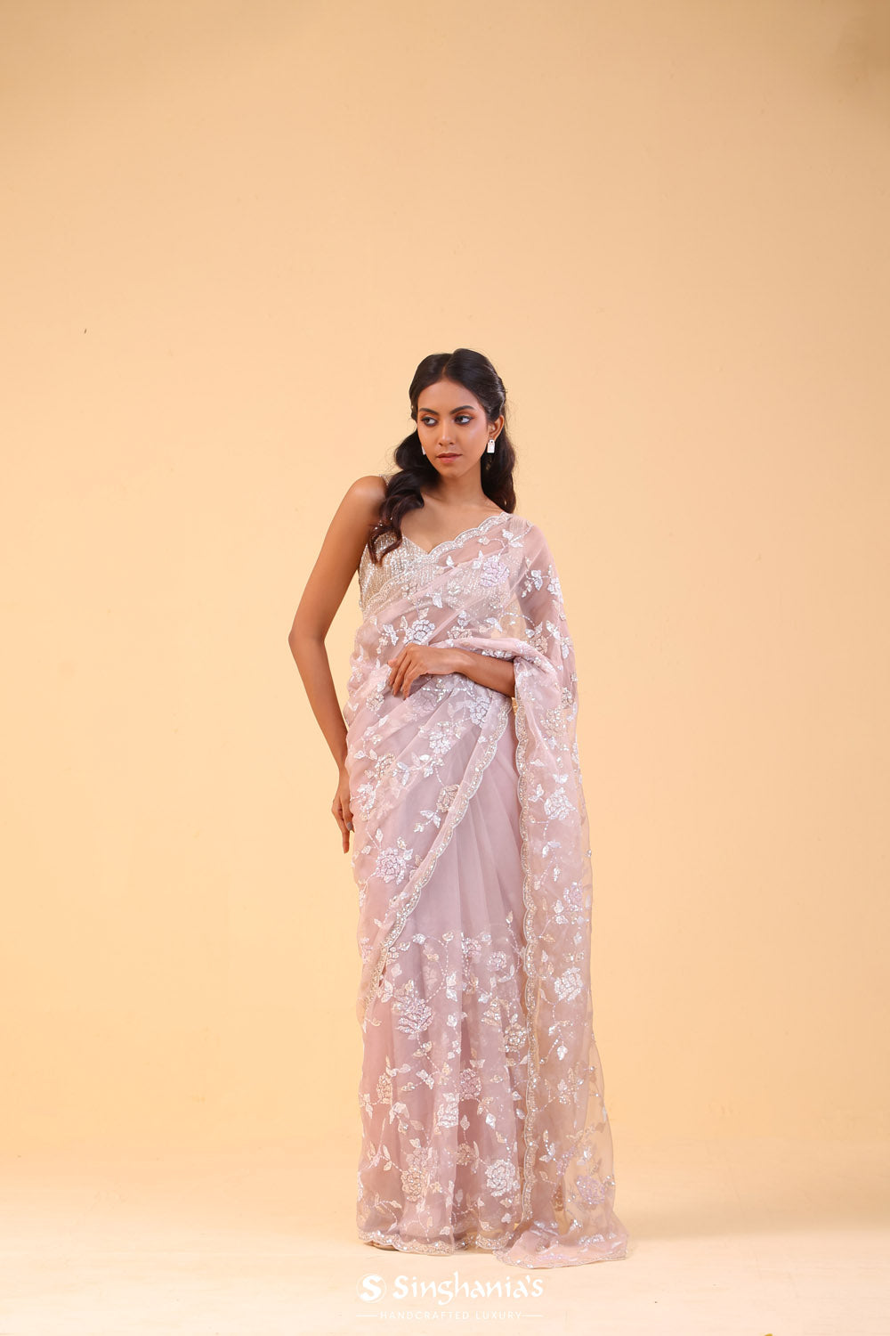 Soft Pink Organza Handcrafted Saree