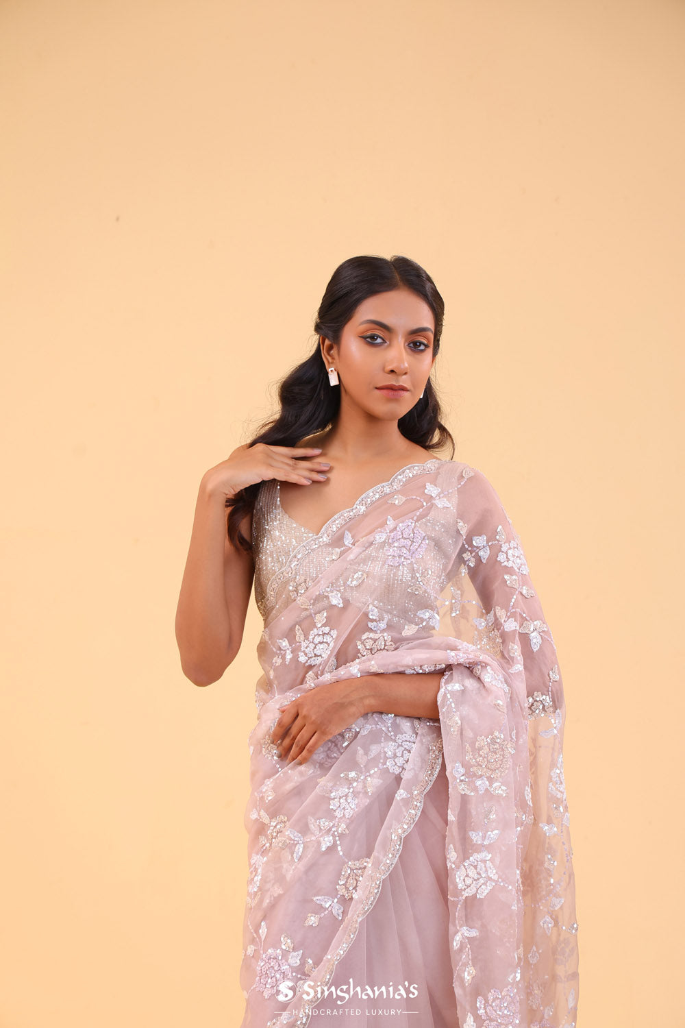 Soft Pink Organza Handcrafted Saree