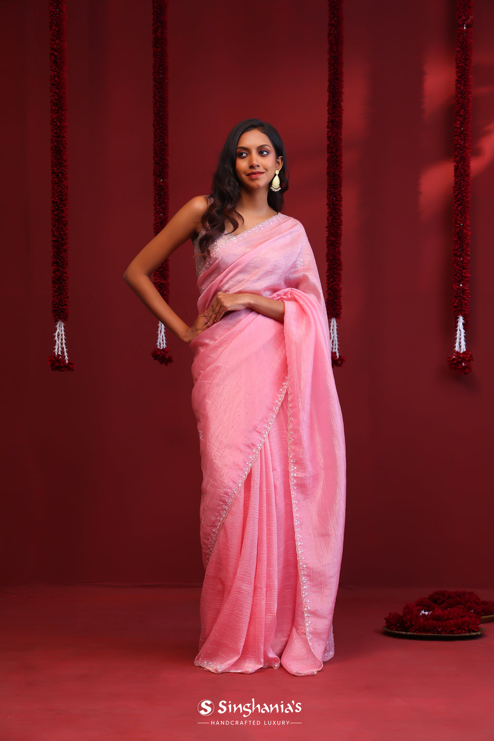 Shampoo Pink Handcrafted Organza Saree