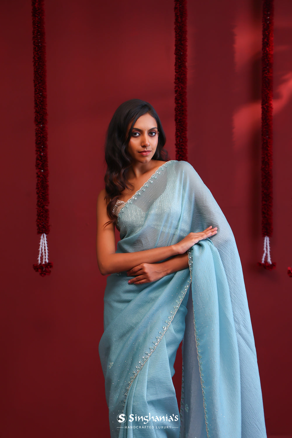 Sky Blue Organza Saree With Hand Embroidery