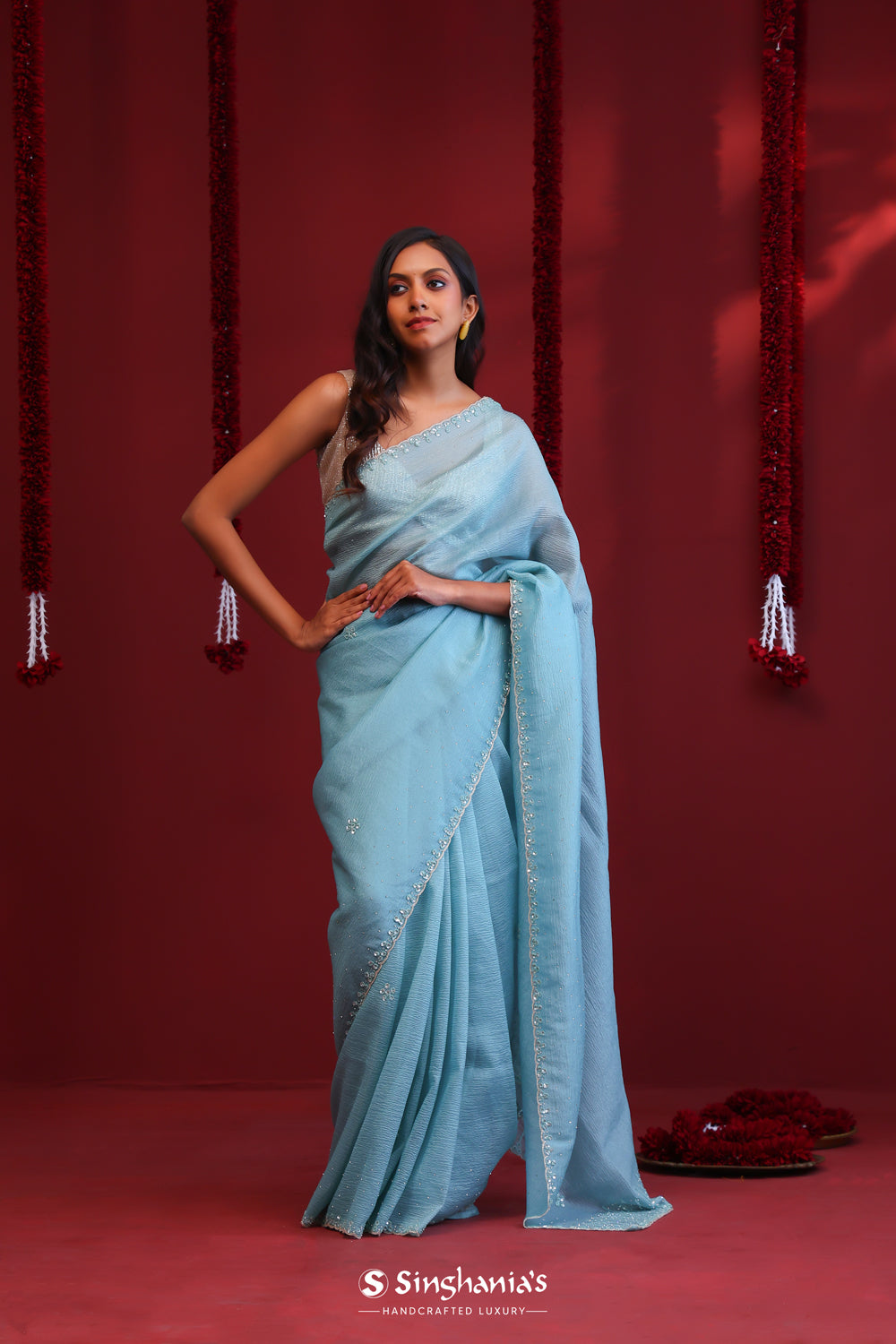 Sky Blue Organza Saree With Hand Embroidery